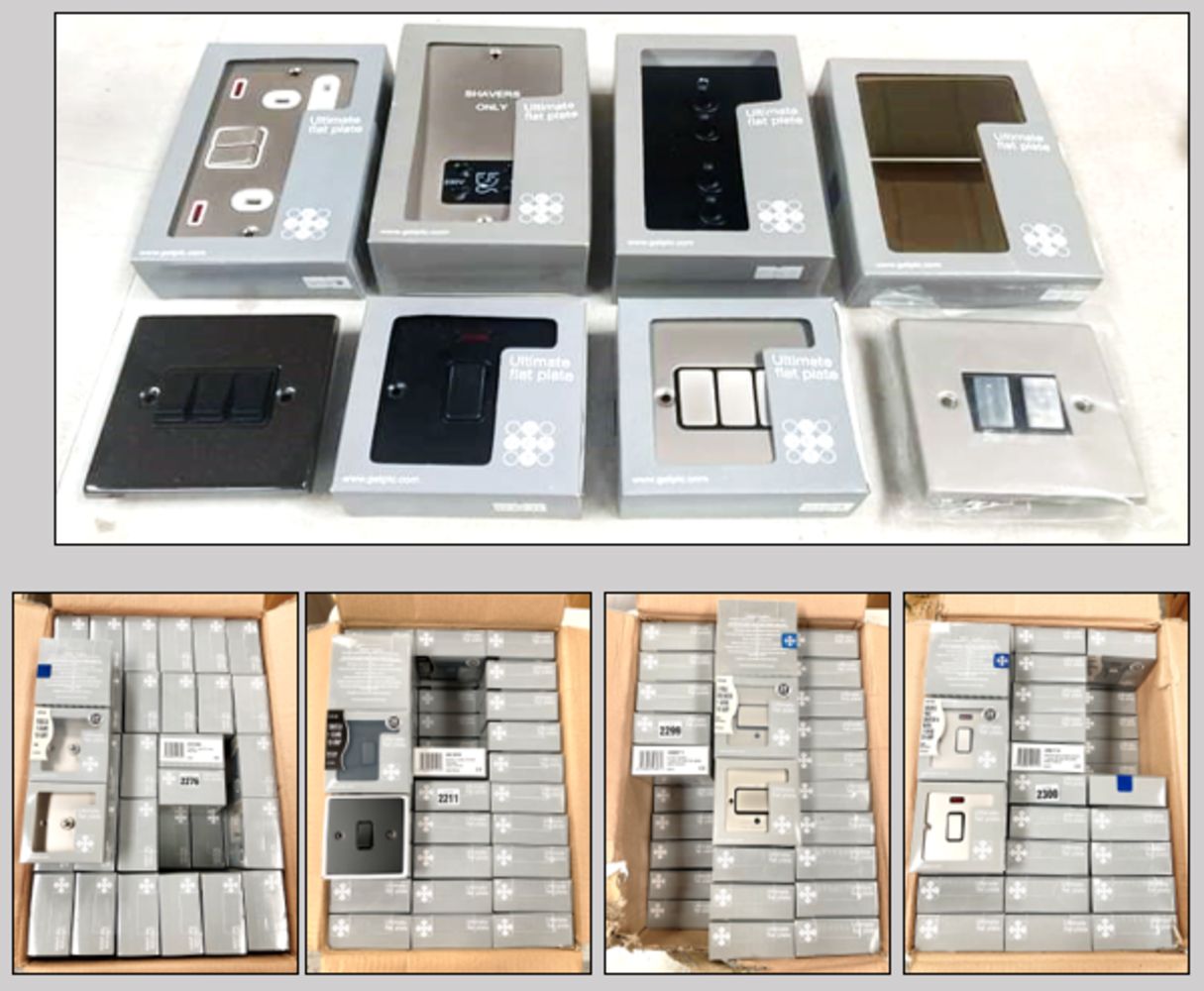 UN-RESERVED AND NO VAT Timed Online Auction of new and unused electrical fittings including a wide range of switches, sockets and consumer units