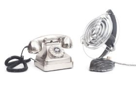 A 1950'S GERMAN DESK FAN BY SCHOELLER & CO. TOGETHER WITH A RETRO STYLE PHONE