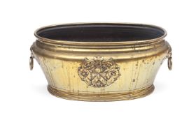 A LARGE FRENCH LOUIS XVI STYLE BRASS JARDINIERE WITH HERALDIC CREST, 18TH / 19TH CENTURY
