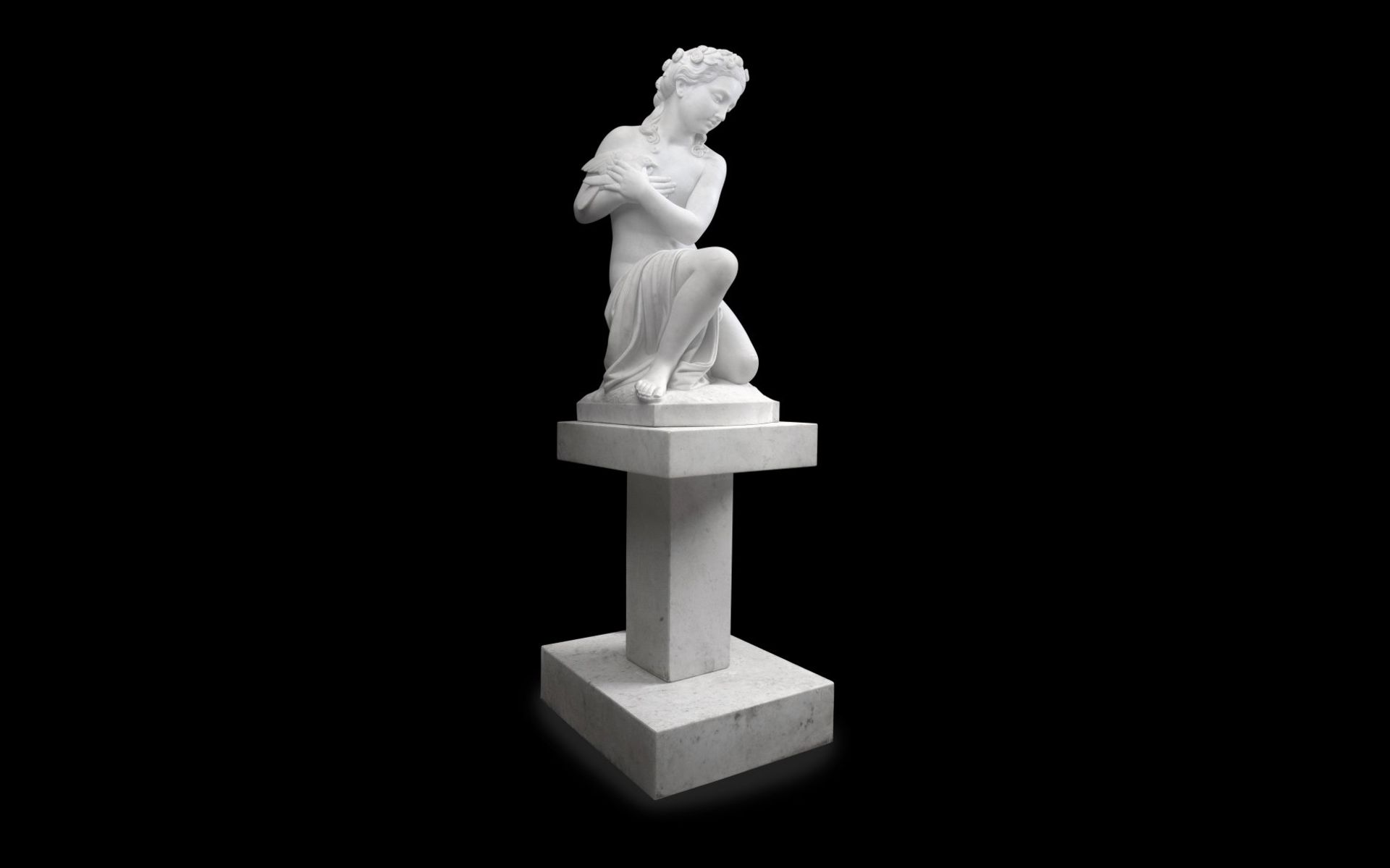A LARGE LATE 19TH CENTURY ITALIAN MARBLE FIGURE OF A GIRL HOLDING A BIRD BY ROMANELLI - Image 8 of 10