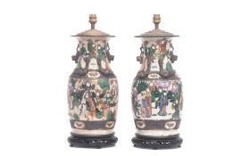 A PAIR OF EARLY 20TH CENTURY CHINESE CRACKLE GLAZED FAMILLE VERTE VASE LAMP BASES