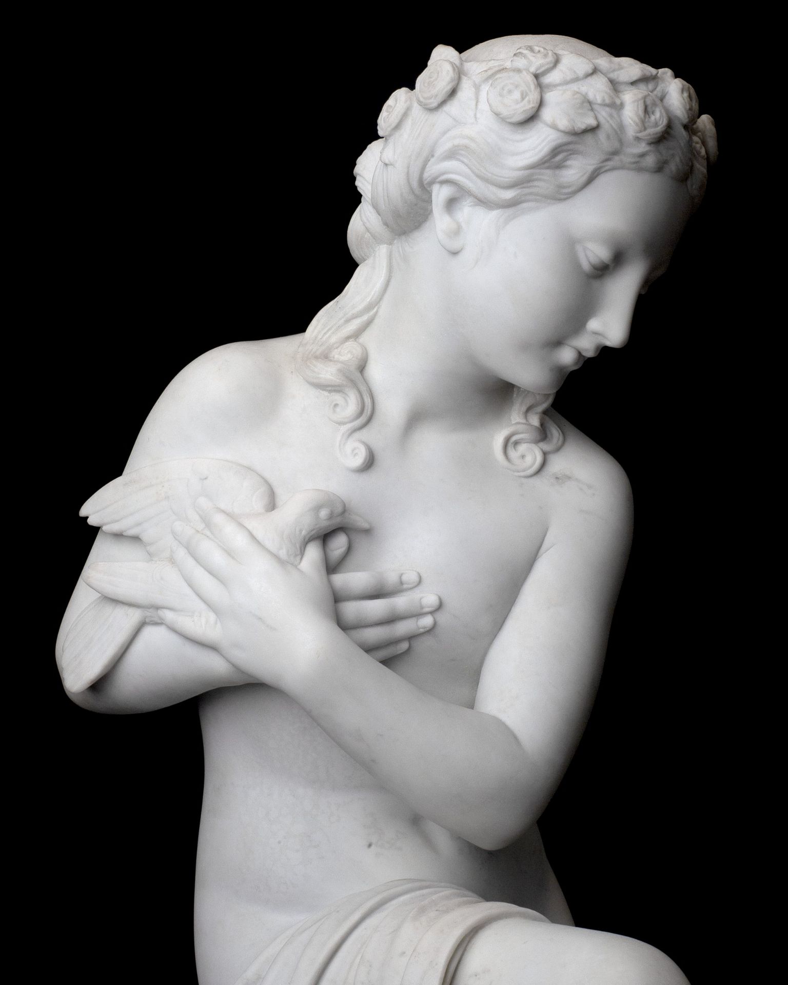 A LARGE LATE 19TH CENTURY ITALIAN MARBLE FIGURE OF A GIRL HOLDING A BIRD BY ROMANELLI - Bild 6 aus 10