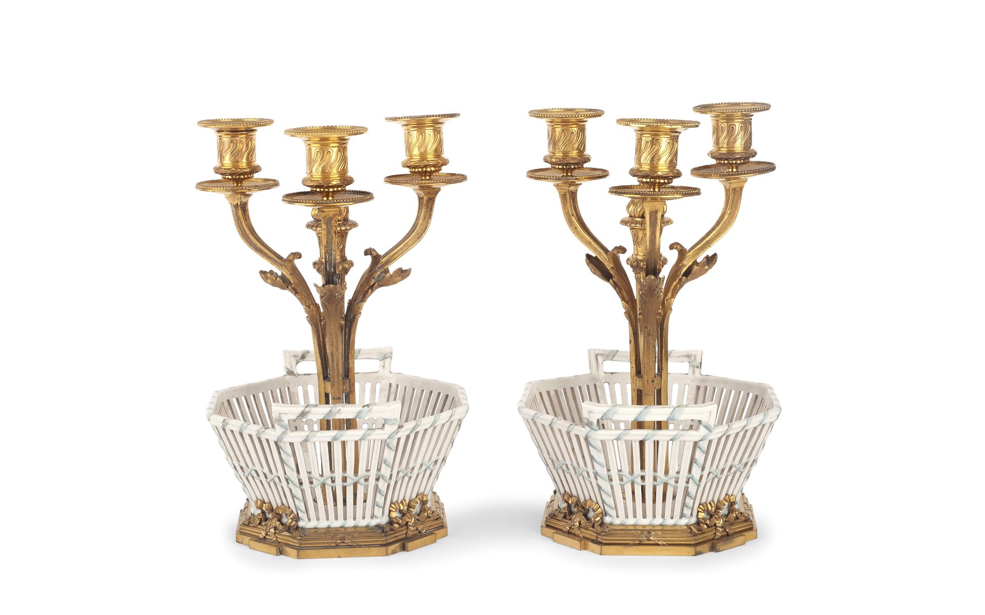 A FINE PAIR OF LATE 19TH CENTURY GILT BRONZE AND PORCELAIN CANDELABRA BY CARDEILHAC, PARIS