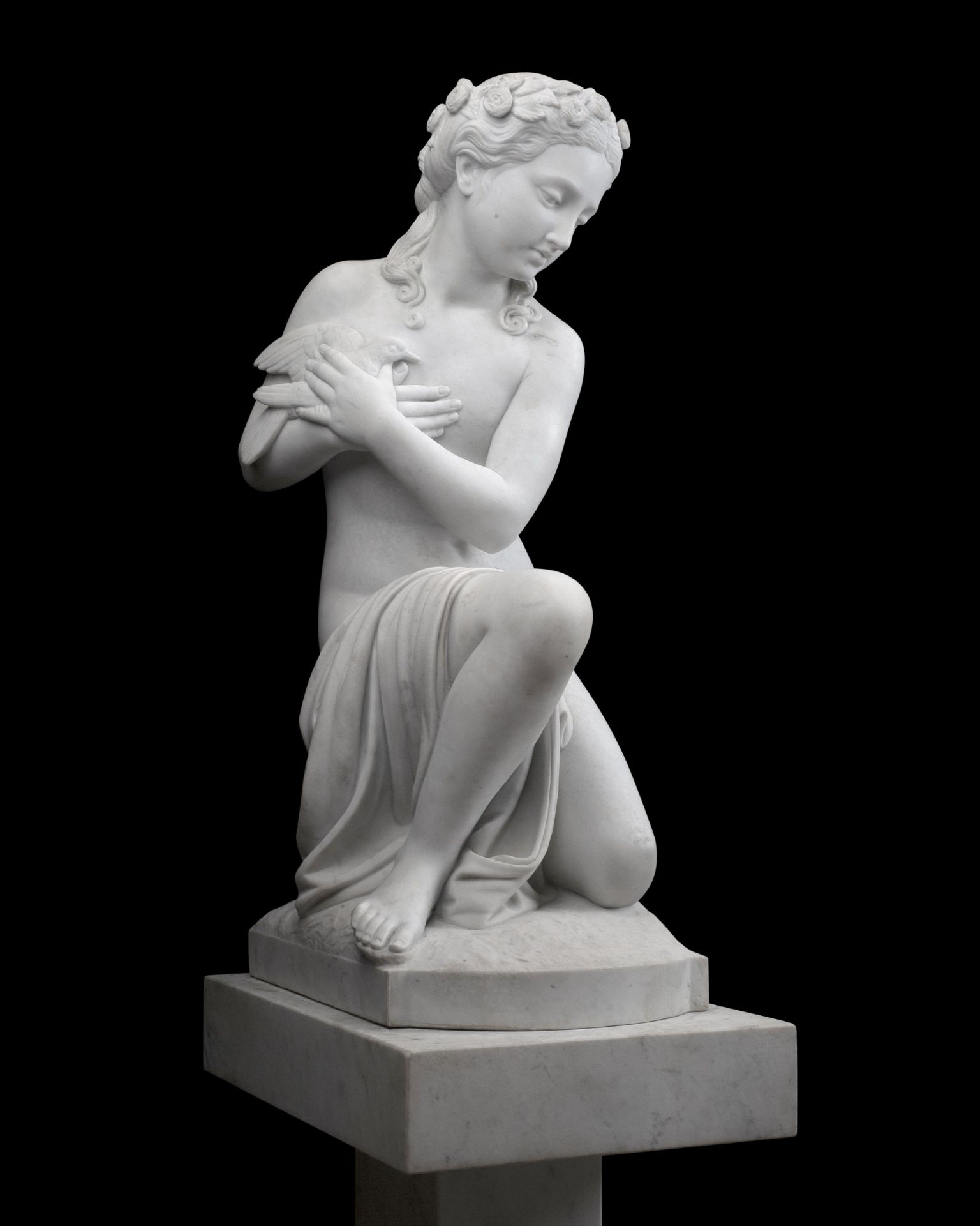 A LARGE LATE 19TH CENTURY ITALIAN MARBLE FIGURE OF A GIRL HOLDING A BIRD BY ROMANELLI - Bild 3 aus 10