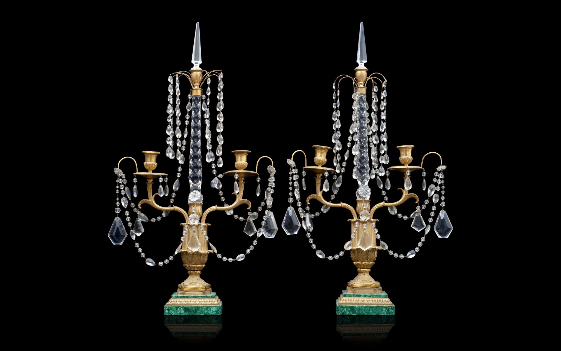 A FINE PAIR OF 19TH CENTURY GILT BRONZE AND CUT GLASS CANDELABRA, POSSIBLY RUSSIAN