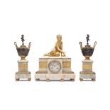 A LATE 19TH CENTURY FRENCH BRONZE FIGURAL CLOCK GARNITURE