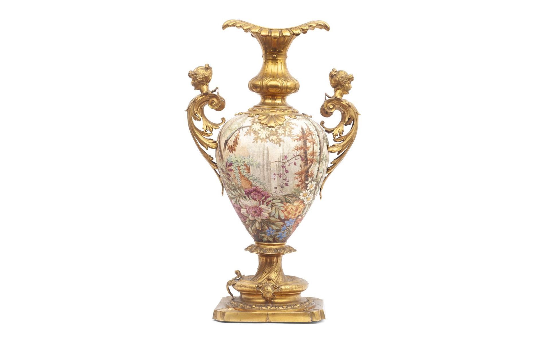 A LARGE LATE 19TH CENTURY CERAMIC VASE WITH GILT METAL MOUNTS