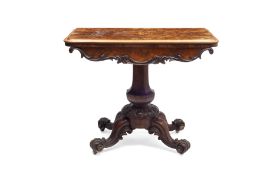 A MID 19TH CENTURY VICTORIAN FIGURED WALNUT CARD TABLE