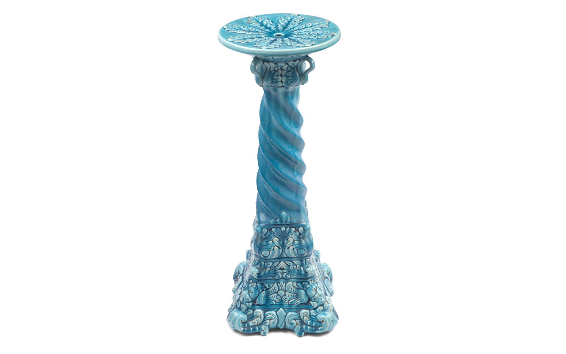 A 19TH CENTURY MAJOLICA BLUE GLAZED CERAMIC JARDINIERE STAND