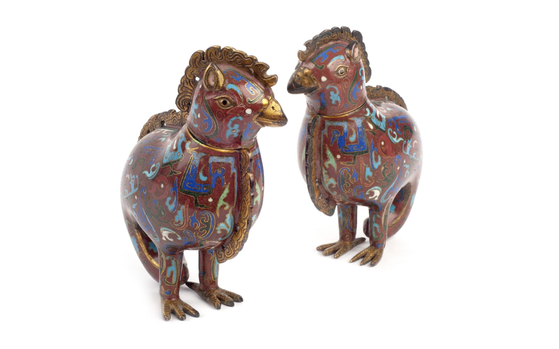 A PAIR OF 19TH CENTURY CHINESE BRONZE AND CLOISONNE ENAMEL BIRD VESSELS - Image 2 of 3