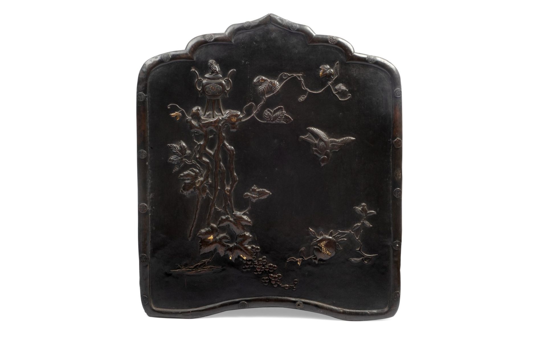 A JAPANESE PATINATED BRONZE AND PARCEL GILT PANEL, PROBABLY LATE MEIJI PERIOD PANEL (1868-1912)