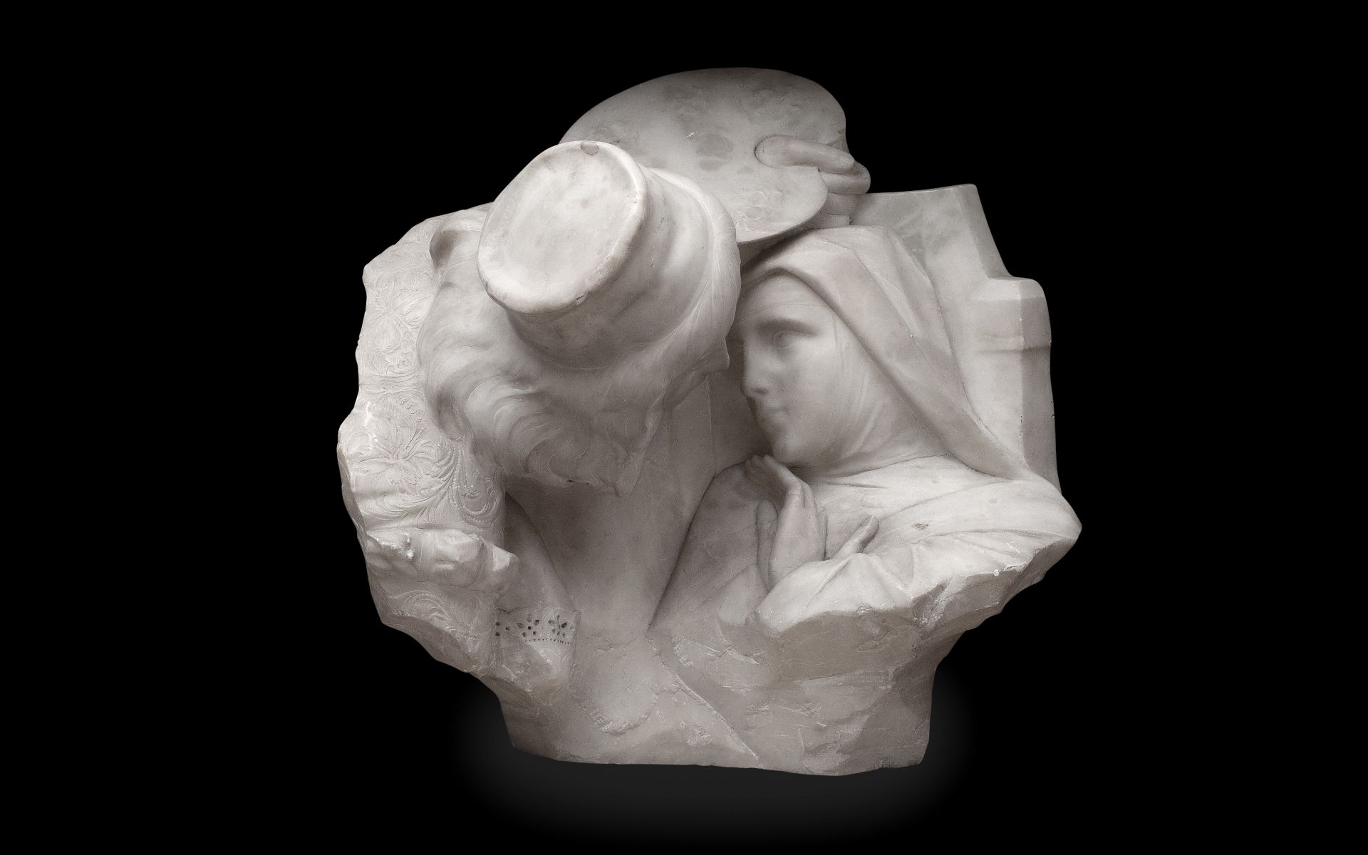 A LATE 19TH CENTURY ITALIAN ALABASTER SCULPTURE OF RAPHAEL AND HIS MUSE