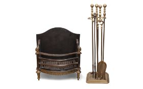 A GEORGE III STYLE STEEL AND BRASS FIREGRATE TOGTHER WITH A SET OF FIRE TOOLS