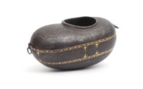 A PERISAN GOLD DAMASCENED STEEL BEGGING BOWL (KASHKUL), IRAN