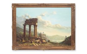 A LARGE 20TH CENTURY PAINTING OF A RUINED TEMPLE