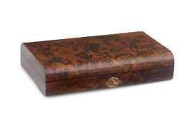 A 19TH CENTURY ENGLISH BURR WALNUT CRIBBAGE SET