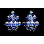 A PAIR OF 19TH CENTURY STYLE CUT, MOULDED AND BLUE GLASS CHANDELIERS