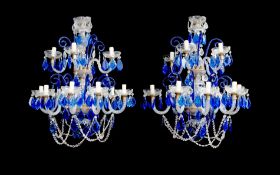 A PAIR OF 19TH CENTURY STYLE CUT, MOULDED AND BLUE GLASS CHANDELIERS
