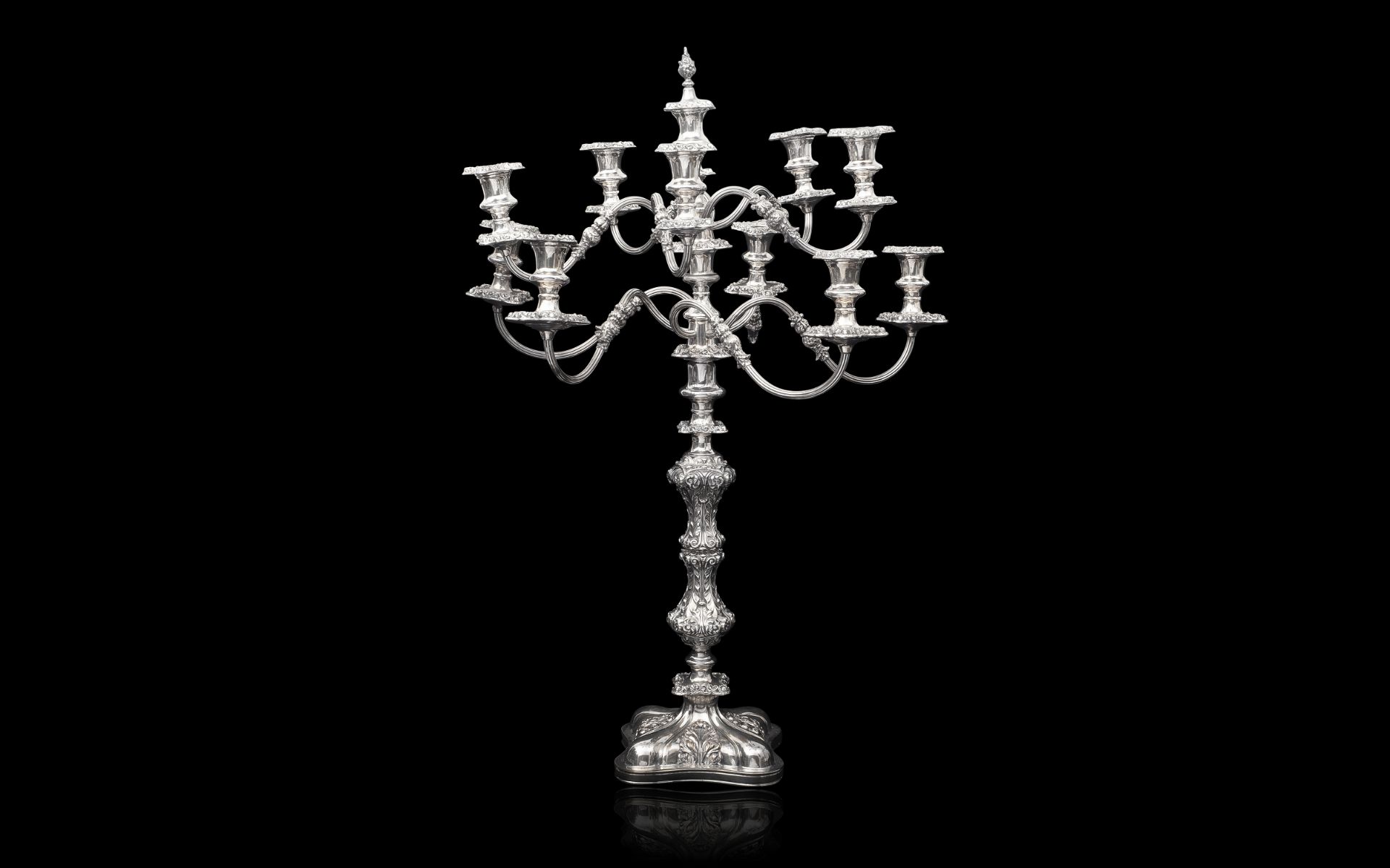 AN UNUSUALLY LARGE EARLY 20TH CENTURY SILVER PLATED CANDELABRA