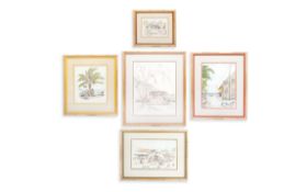 TWO WATERCOLOURS OF ST KITTS TOGETHER WITH THREE SIMILAR PRINTS