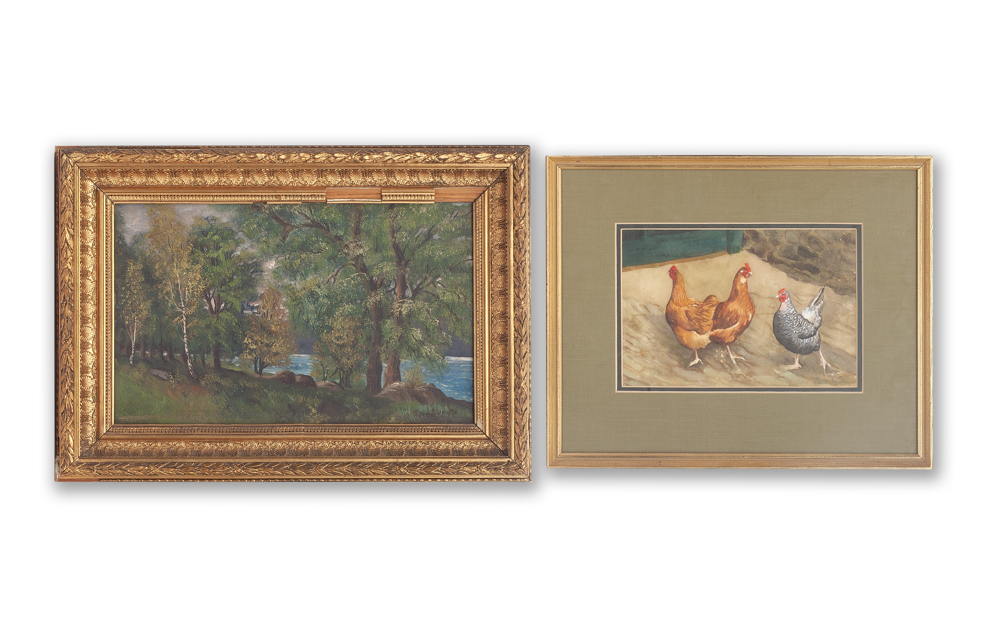 FOUR 20TH CENTURY PAINTINGS TOGETHER WITH A PRINT OF OLIVES