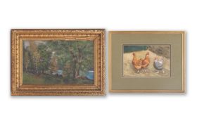 FOUR 20TH CENTURY PAINTINGS TOGETHER WITH A PRINT OF OLIVES