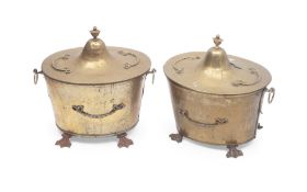 A PAIR OF 19TH CENTURY NEO-CLASSICAL STYLE HAMMERED BRASS LIDDED COAL BINS