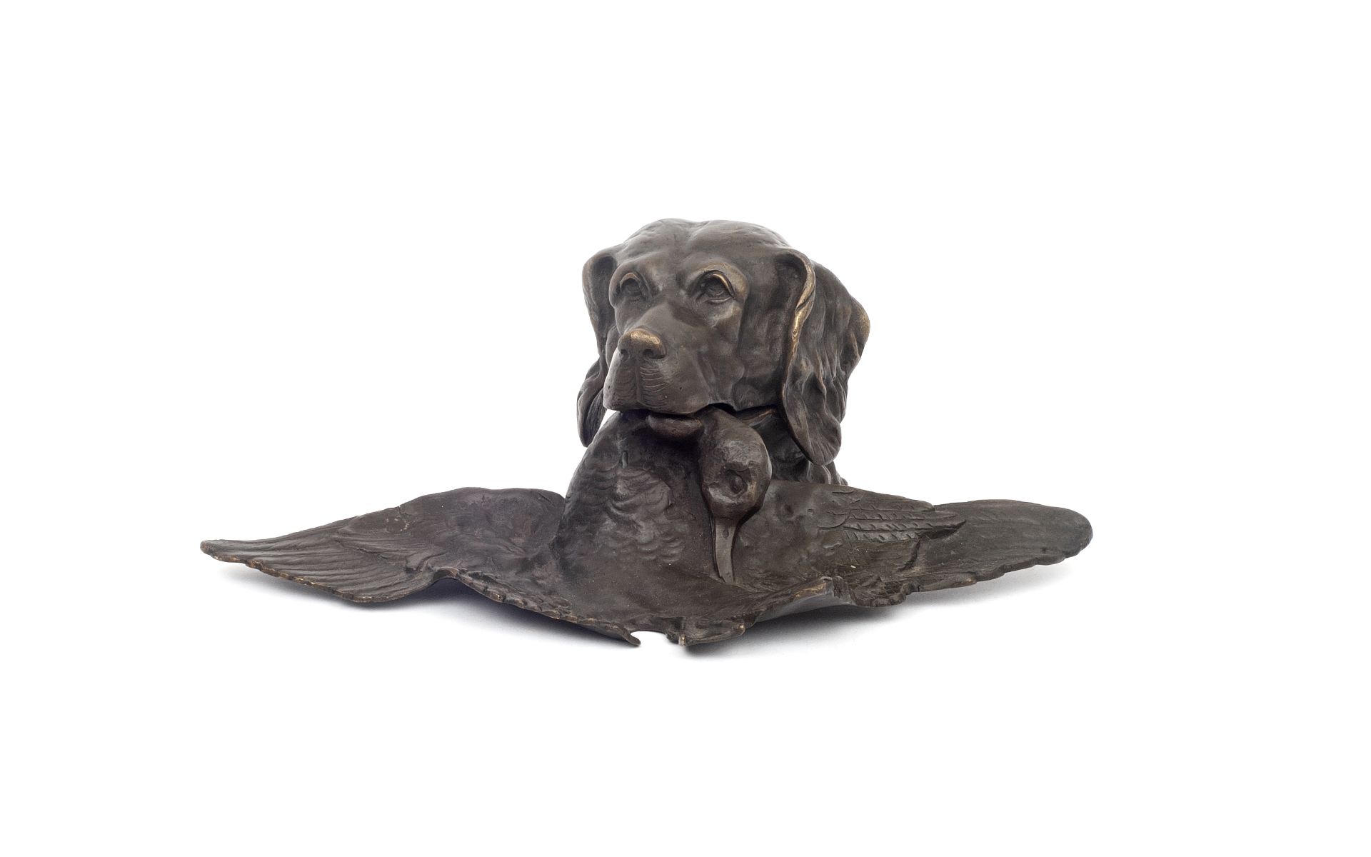 A BRONZE INKWELL MODELLED AS A HUNTING DOG, IN THE MANNER OF FREMIET