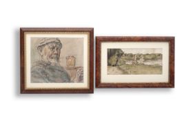 TWO DANISH WATERCOLOURS TOGETHER WITH SIX 20TH CENTURY ETCHINGS