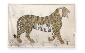 A LARGE EARLY 20TH CENTURY INDIAN GOUACHE ON LINEN PANEL OF A TIGER