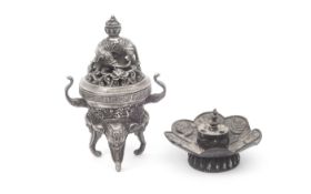 TWO TIBETAN WHITE METAL INCENSE BURNERS