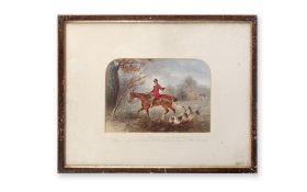 19TH CENTURY ENGLISH SCHOOL: A PAINTING ON CARD OF A HUNTING SCENE