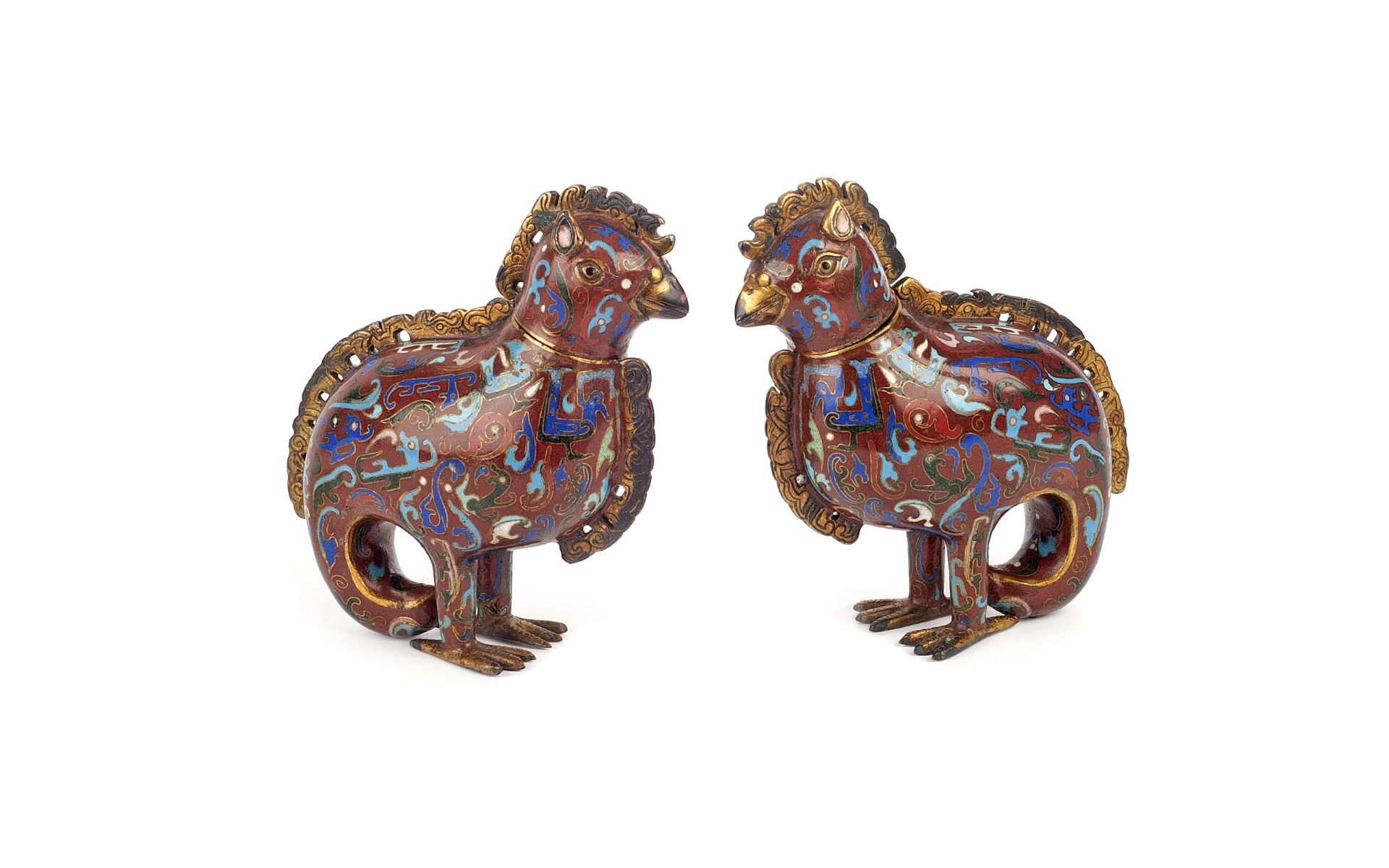 A PAIR OF 19TH CENTURY CHINESE BRONZE AND CLOISONNE ENAMEL BIRD VESSELS - Image 3 of 3