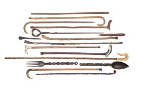 A COLLECTION OF 19TH AND 20TH CENTURY WOODEN CANES AND IMPLEMENTS