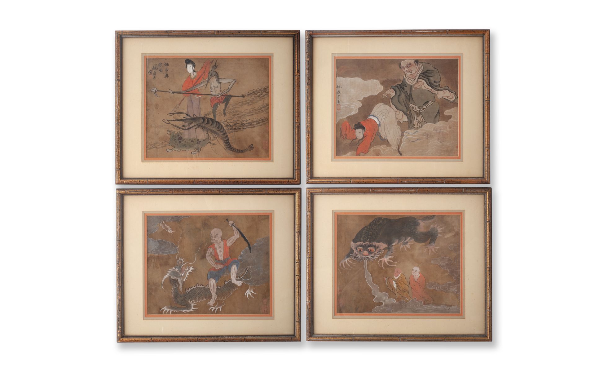 A SET OF FOUR CHINESE PAINTINGS ON SILK TOGETHER WITH ANOTHER
