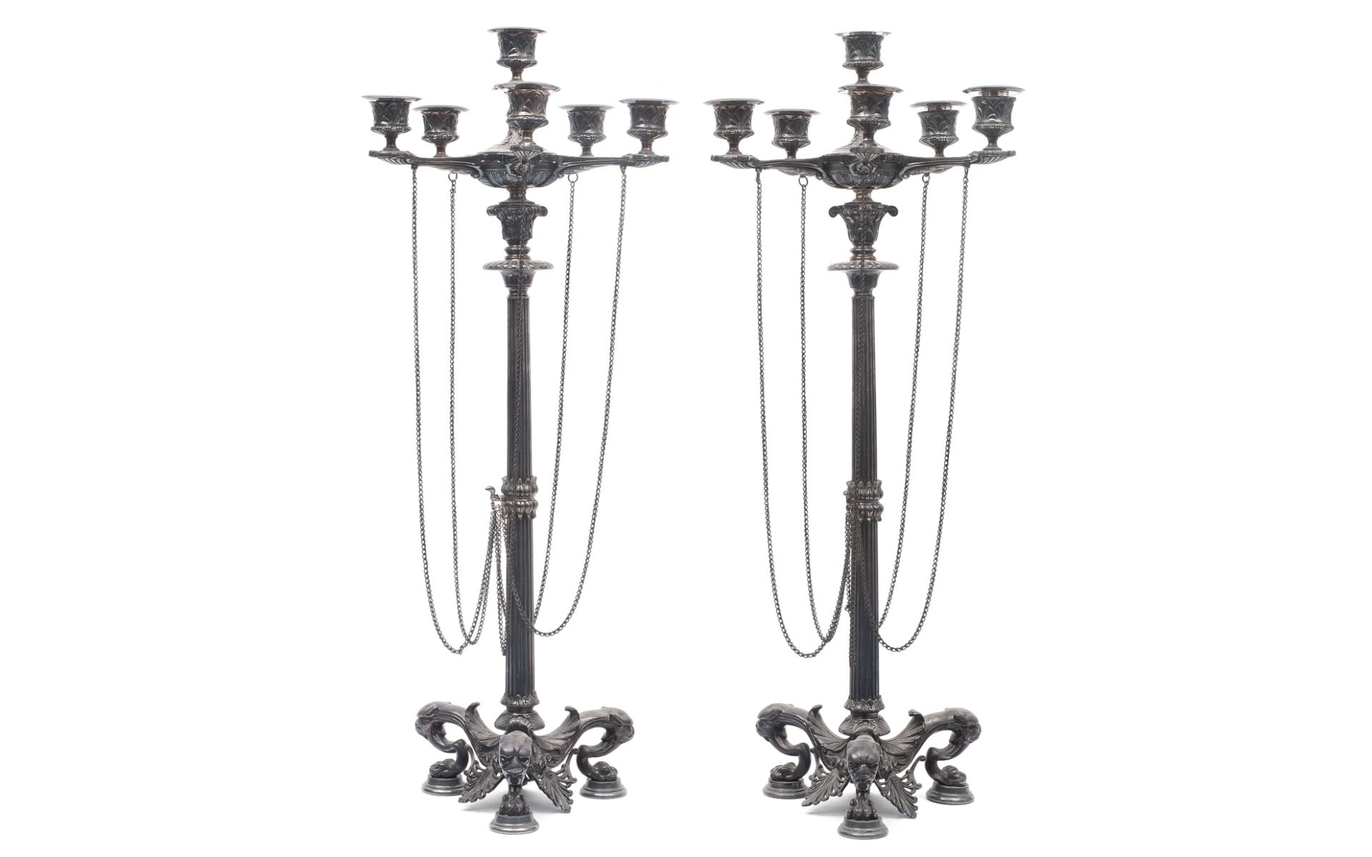 A PAIR OF 19TH CENTURY SILVERED BRONZE CANDELABRA IN THE MANNER OF BARBEDIENNE