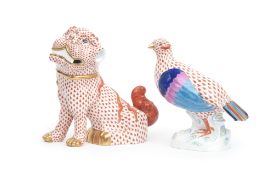 A HEREND PORCELAIN MODEL OF A DOVE TOGETHER WITH A HEREND DOG OF FOO