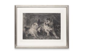 A 19TH CENTURY LARGE DRAWING OF TWO TERRIERS TOGETHER WITH TWO MONCHROME PRINTS