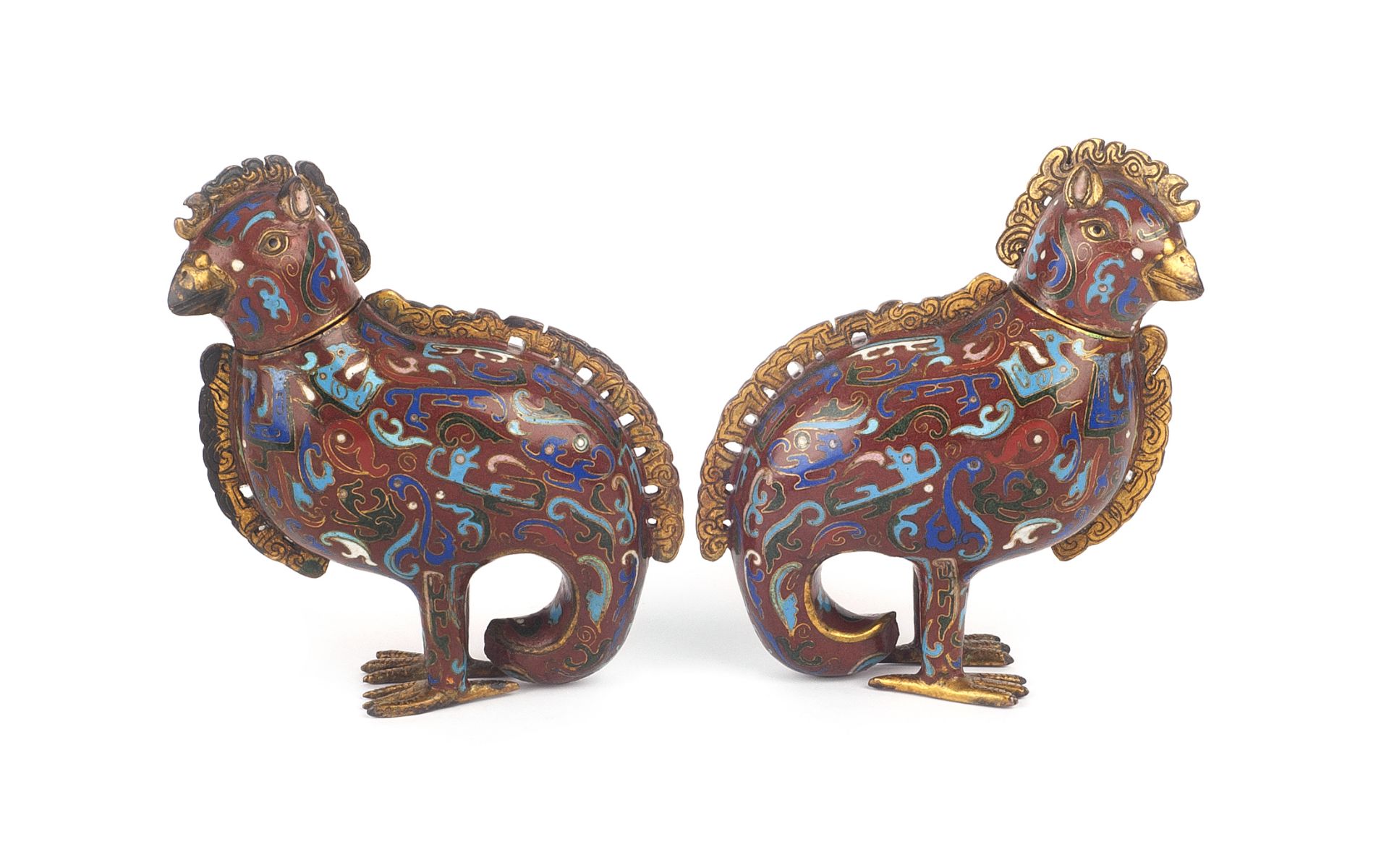 A PAIR OF 19TH CENTURY CHINESE BRONZE AND CLOISONNE ENAMEL BIRD VESSELS