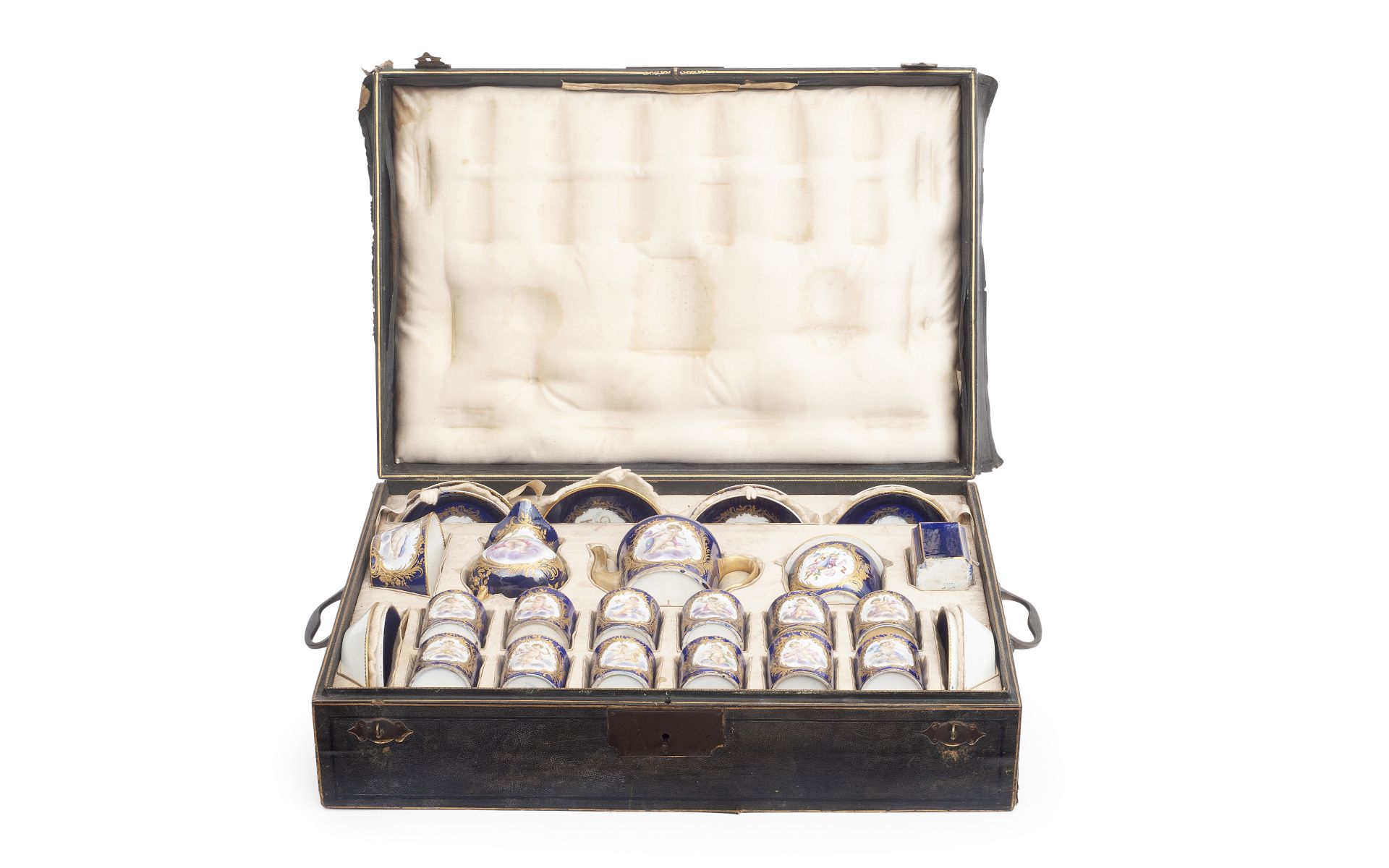 A RARE MID 19TH CENTURY SEVRES STYLE PORCELAIN TRAVELLING TEA SERVICE