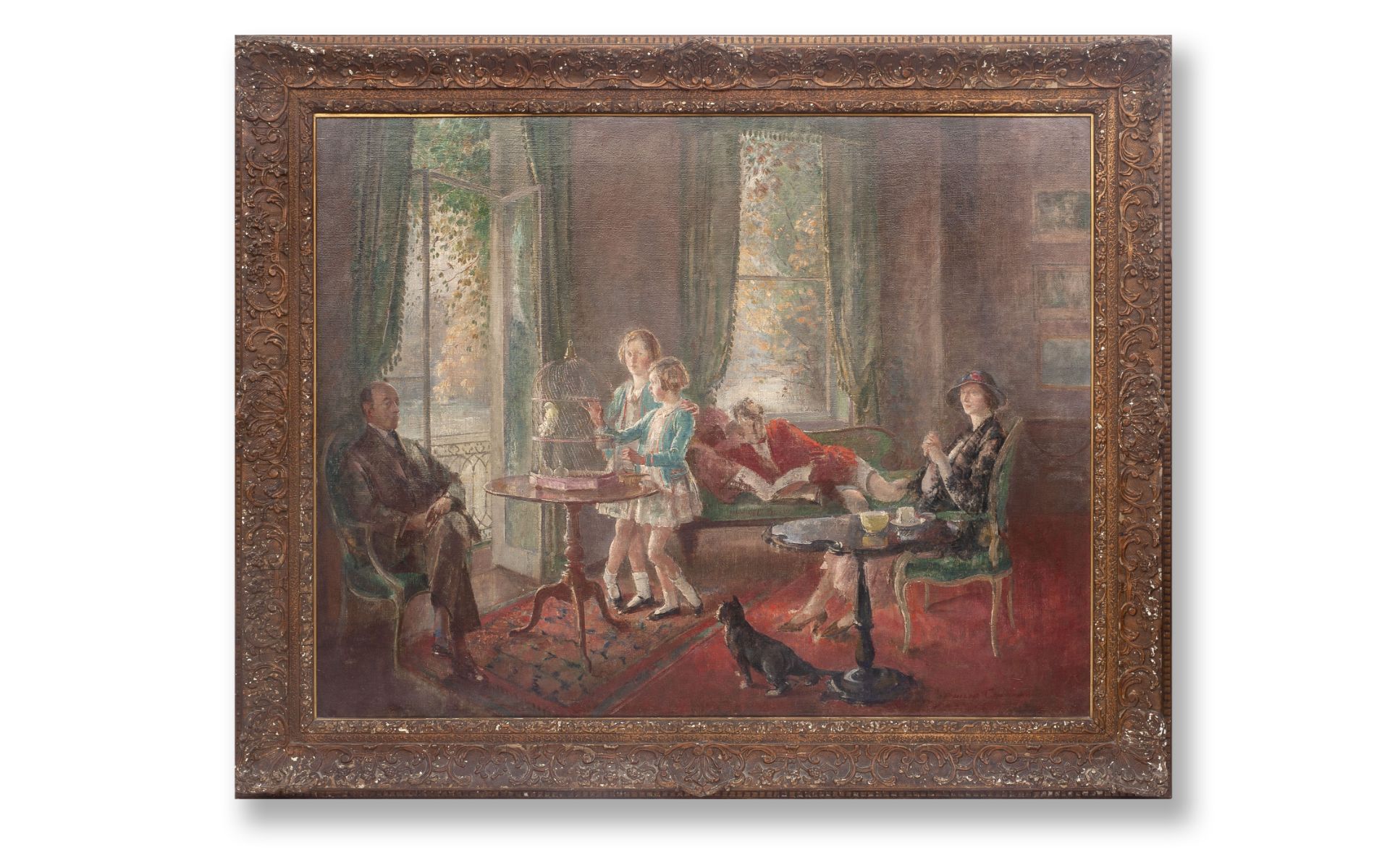 A LARGE 1930'S PAINTING OF THE REID DICK FAMILY AT HOME