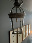 A FRENCH PROVINCIAL STYLE METAL AND GLASS LANTERN