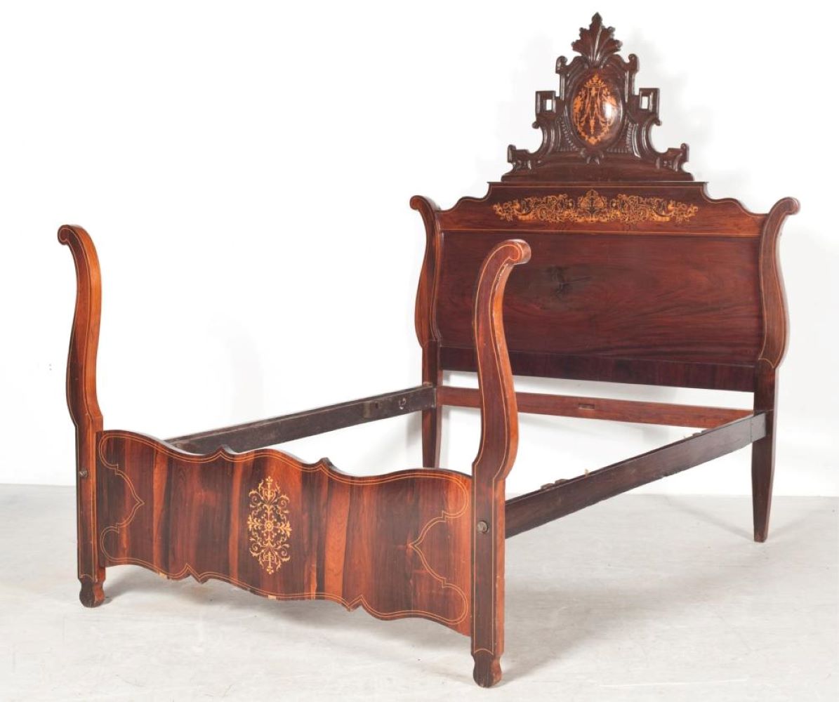 A 19TH CENTURY SPANISH MAHOGANY AND MARQUETRY BED