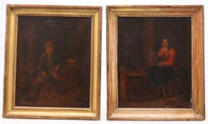 A PAIR OF 19TH CENTURY DUTCH PRIMATIVE PAINTINGS OF COSTUME MAKERS