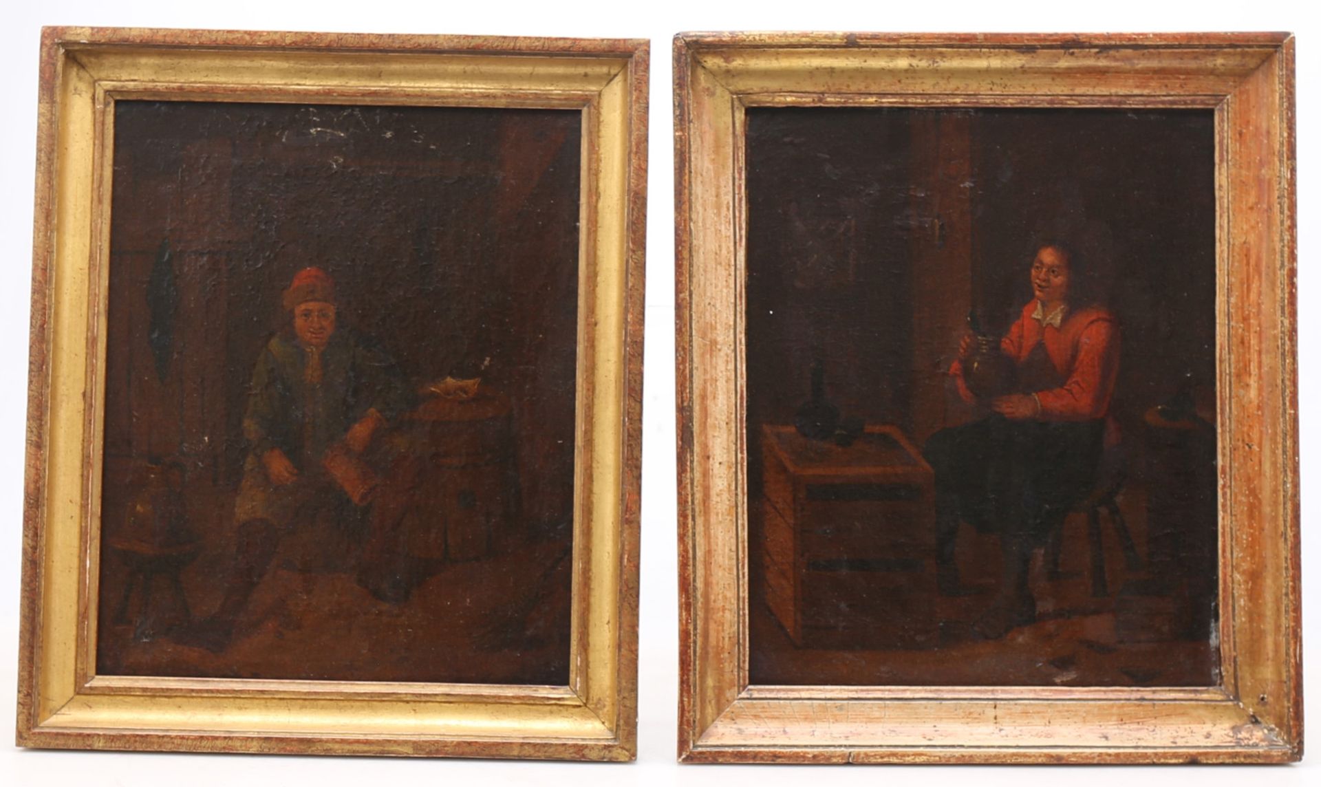 A PAIR OF 19TH CENTURY DUTCH PRIMATIVE PAINTINGS OF COSTUME MAKERS