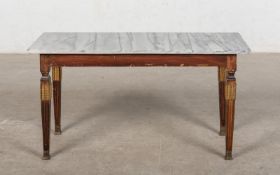 A LATE 19TH CENTURY MAHOGANY, PARCEL GILT AND MARBLE OCCASIONAL TABLE