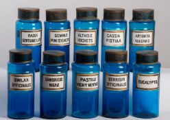 A SET OF TEN FRENCH BLUE GLASS CHEMISTS JARS