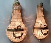 A PAIR OF BELLE EPOQUE STYLE BRASS AND GLASS WALL LIGHTS