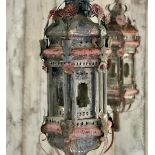 A PAIR OF ITALIAN BAROQUE STYLE PAINTED METAL LANTERNS