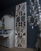 A VERY LARGE FRENCH CARVED WOOD MIRRORED AND STAINED GLASS PANEL